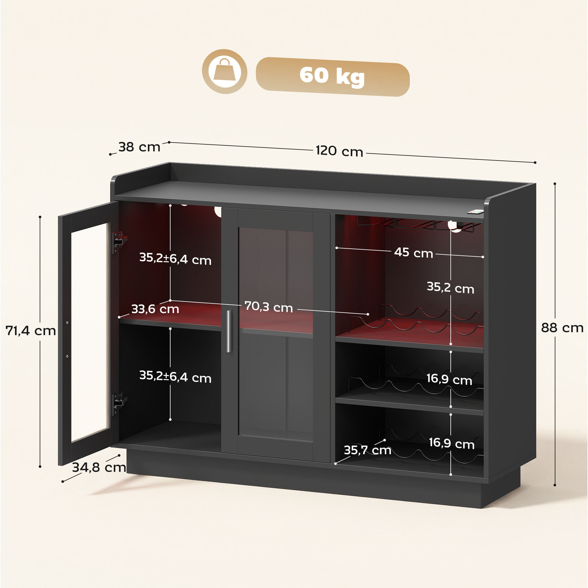 Mueble de Bar, Armario Buffet para Vinos con Luces LED RGB y Botellero para 12 Botellas, Aparador de Cocina con Estante Ajustable y Puertas de Cierre Suave, para Comedor, Salón, Negro