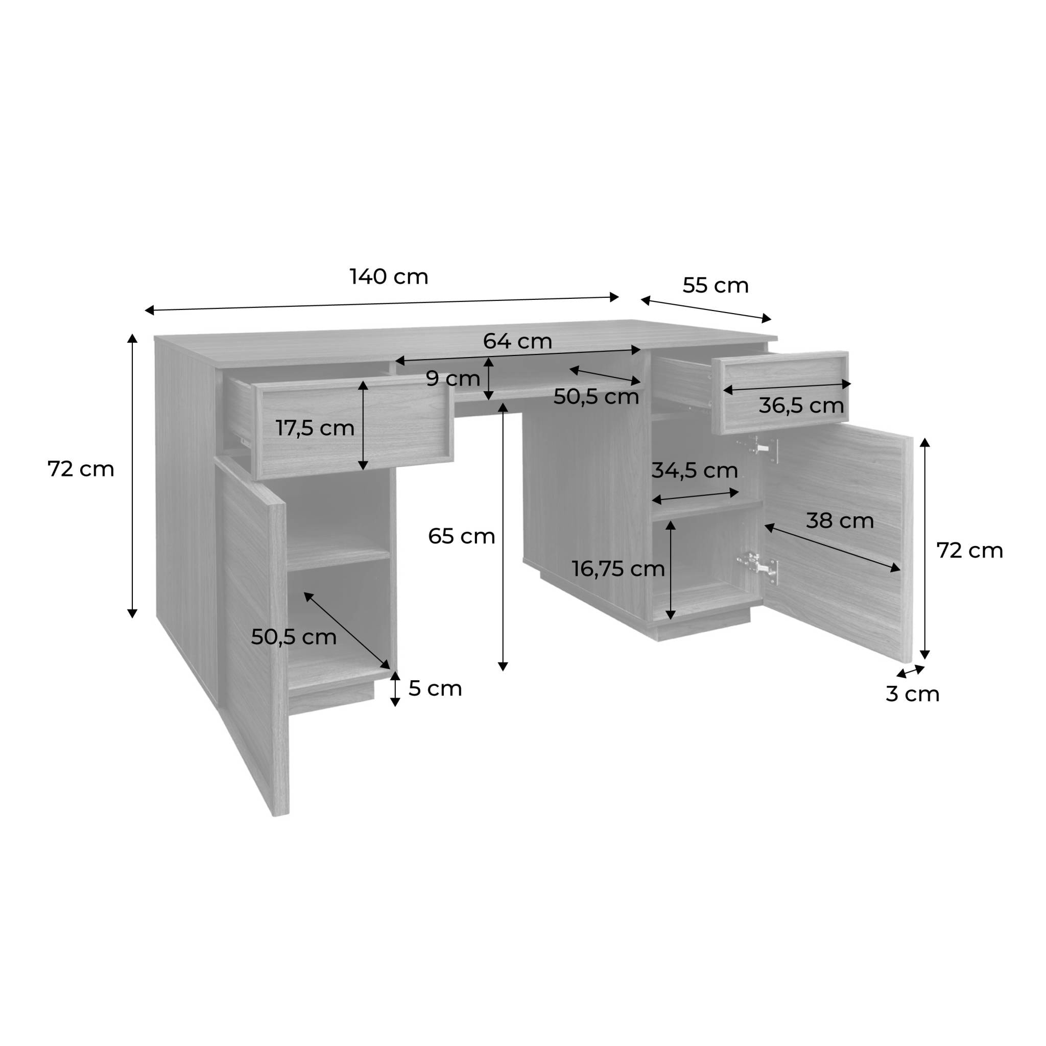 Bureau effet bois noyer 2 portes 2 tiroirs 1 niche 140cm - L 140 x P 55 x H 77cm - Kuba