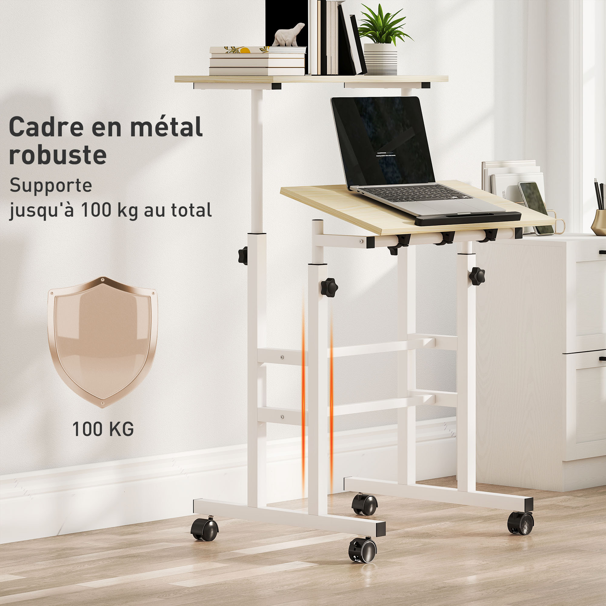 Bureau assis debout inclinable réglable H.70,5-120 cm mobile 2 plateaux métal blanc effet bois clair