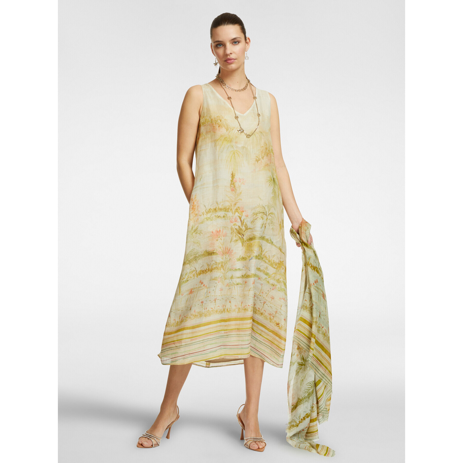 Elena Mirò - Vestido estampado con escote en pico - Beige