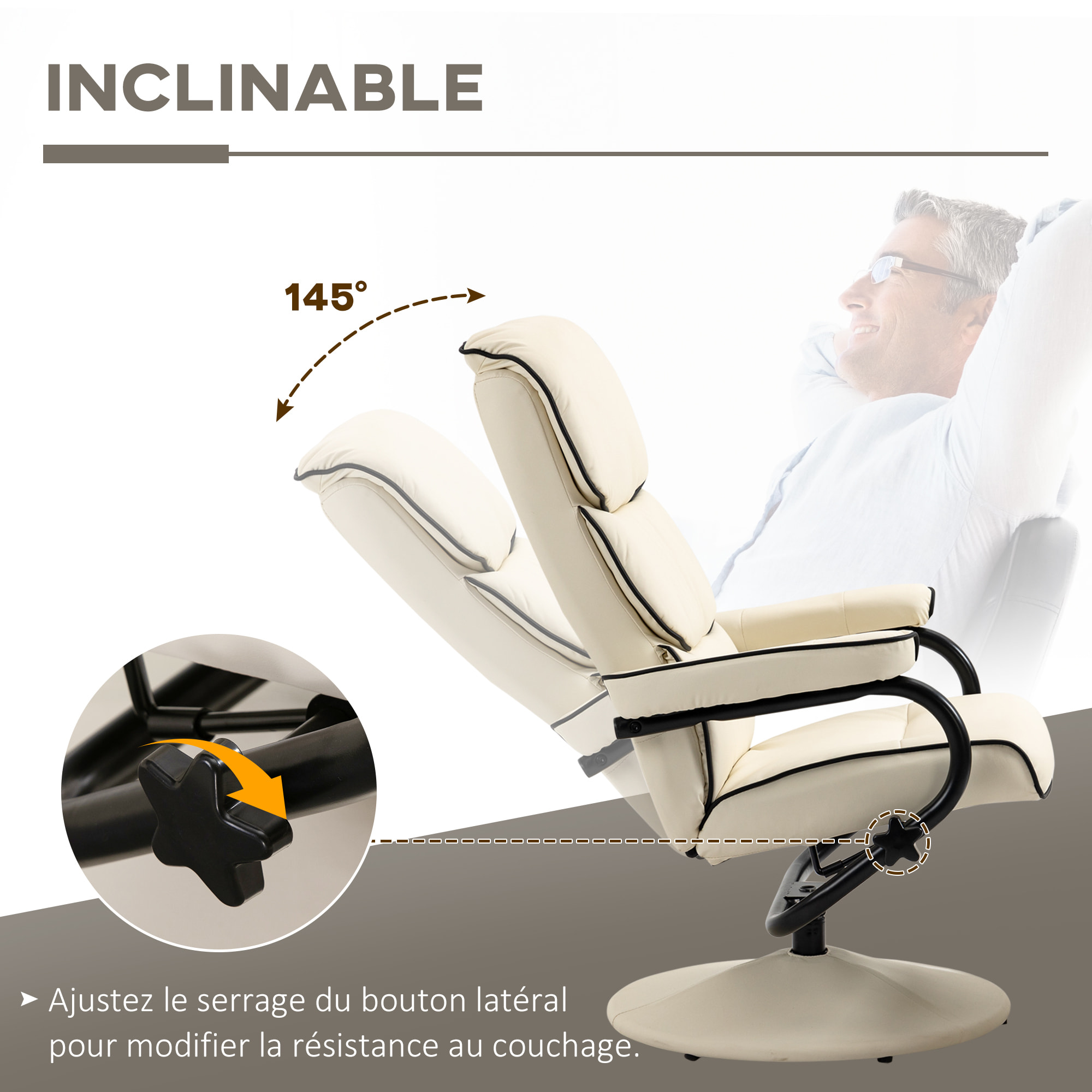 Fauteuil relax inclinable pivotant avec repose-pieds liserets noir synthétique crème