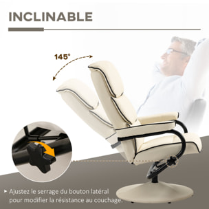 Fauteuil relax inclinable pivotant avec repose-pieds liserets noir synthétique crème