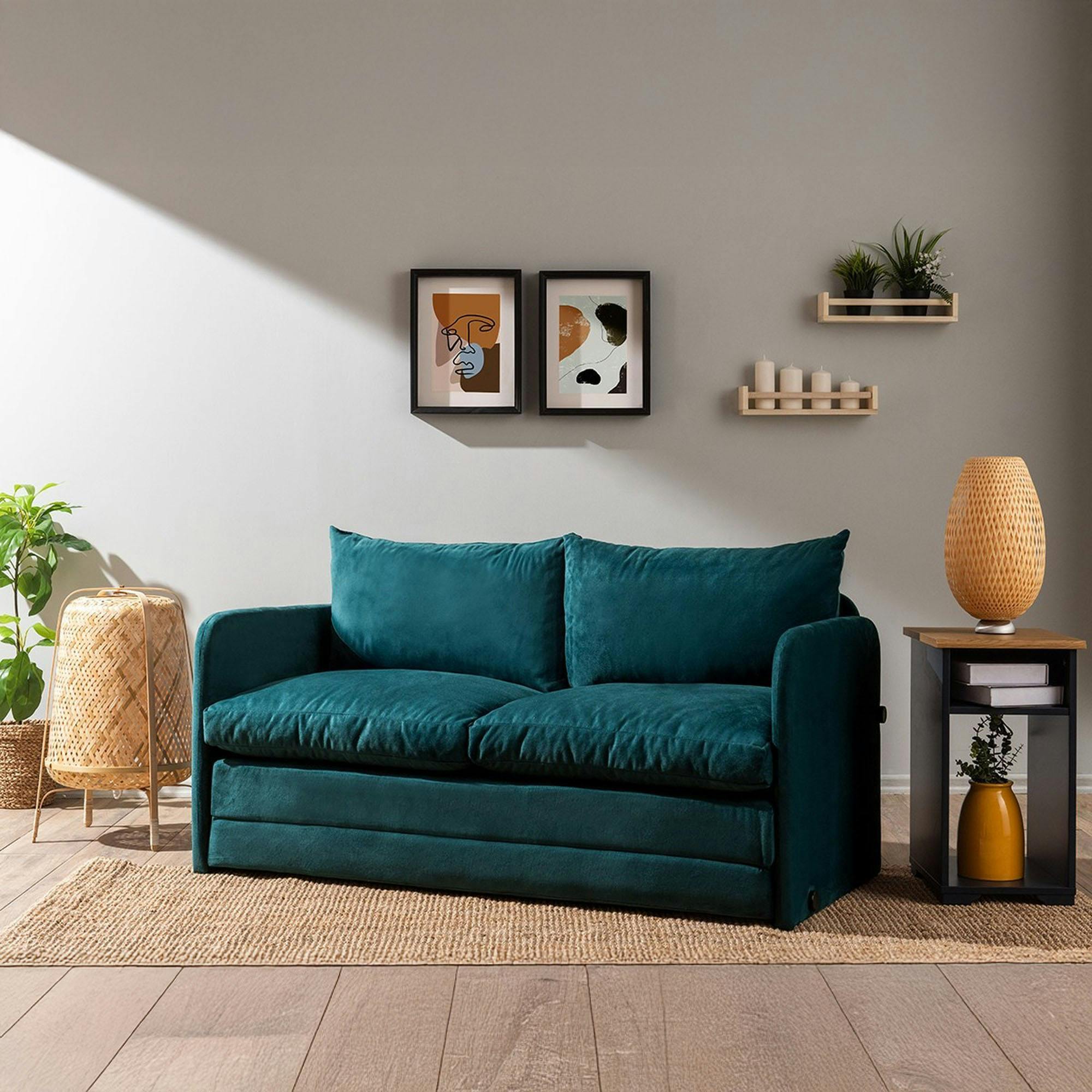 Canapé-lit en tissu bleu lagon, 2 personnes 140 cm ORURO