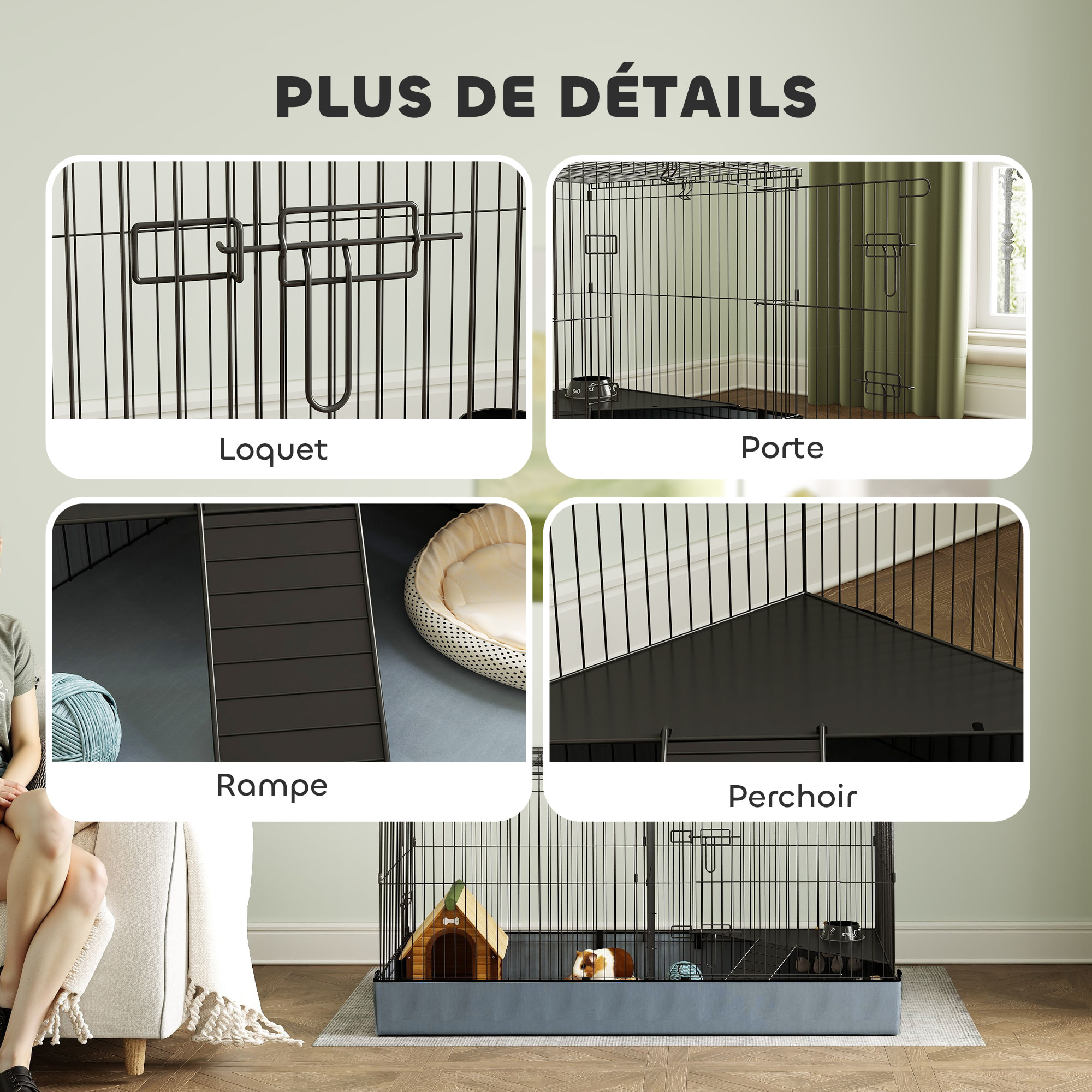 Cage pour cochon d'inde avec séparation 2 zones - plateforme observation, rampe, portes - acier noir PVC tissu gris