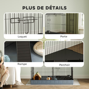 Cage pour cochon d'inde avec séparation 2 zones - plateforme observation, rampe, portes - acier noir PVC tissu gris