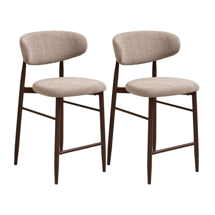 Eddie - lot de 2 tabourets en tissu texturé - pieds en acier effet bois - Marron / Beige