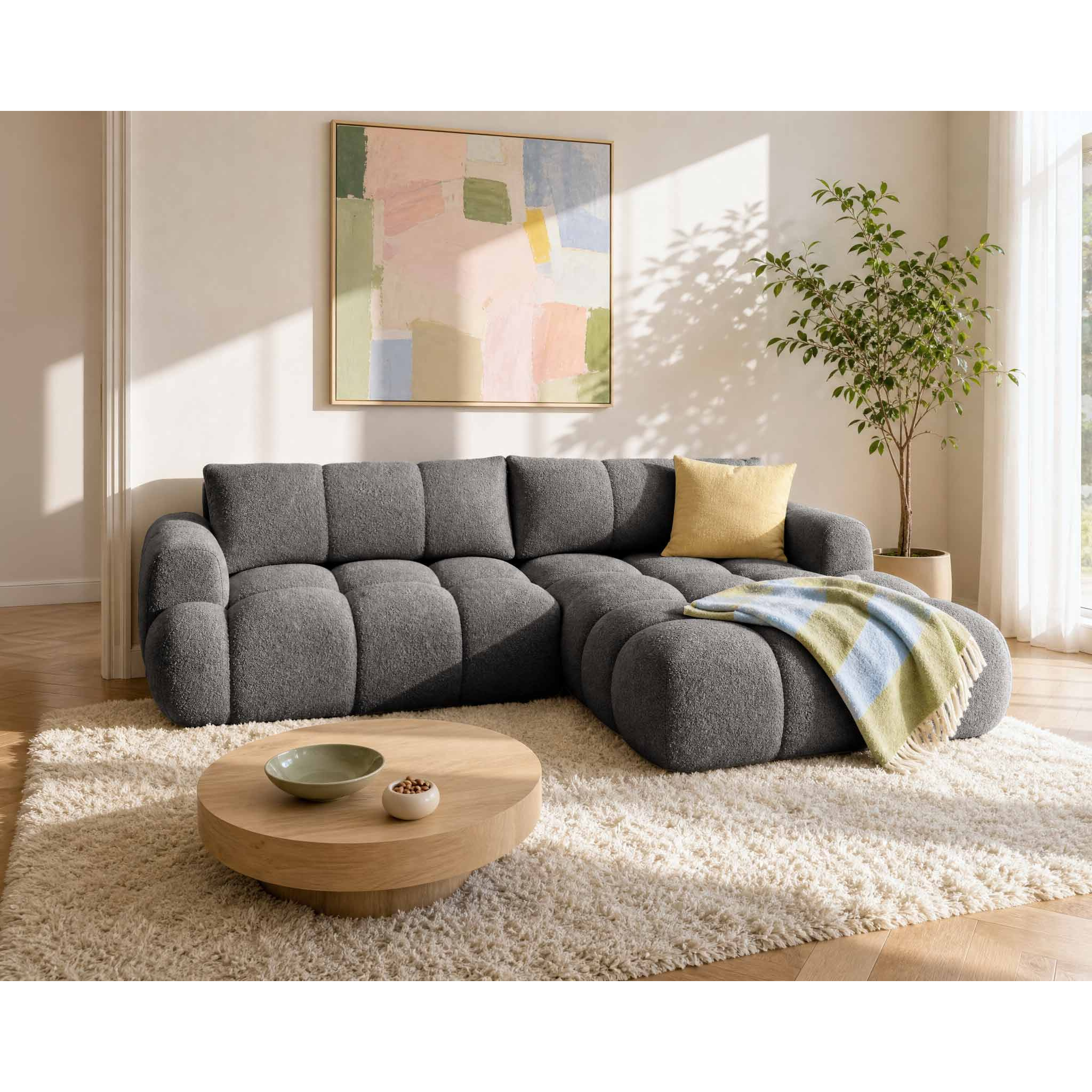 Yulin - Canapé d'angle droit 4 places convertible avec coffre en tissu bouclette - Gris