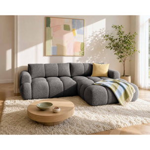 Yulin - Canapé d'angle droit 4 places convertible avec coffre en tissu bouclette - Gris