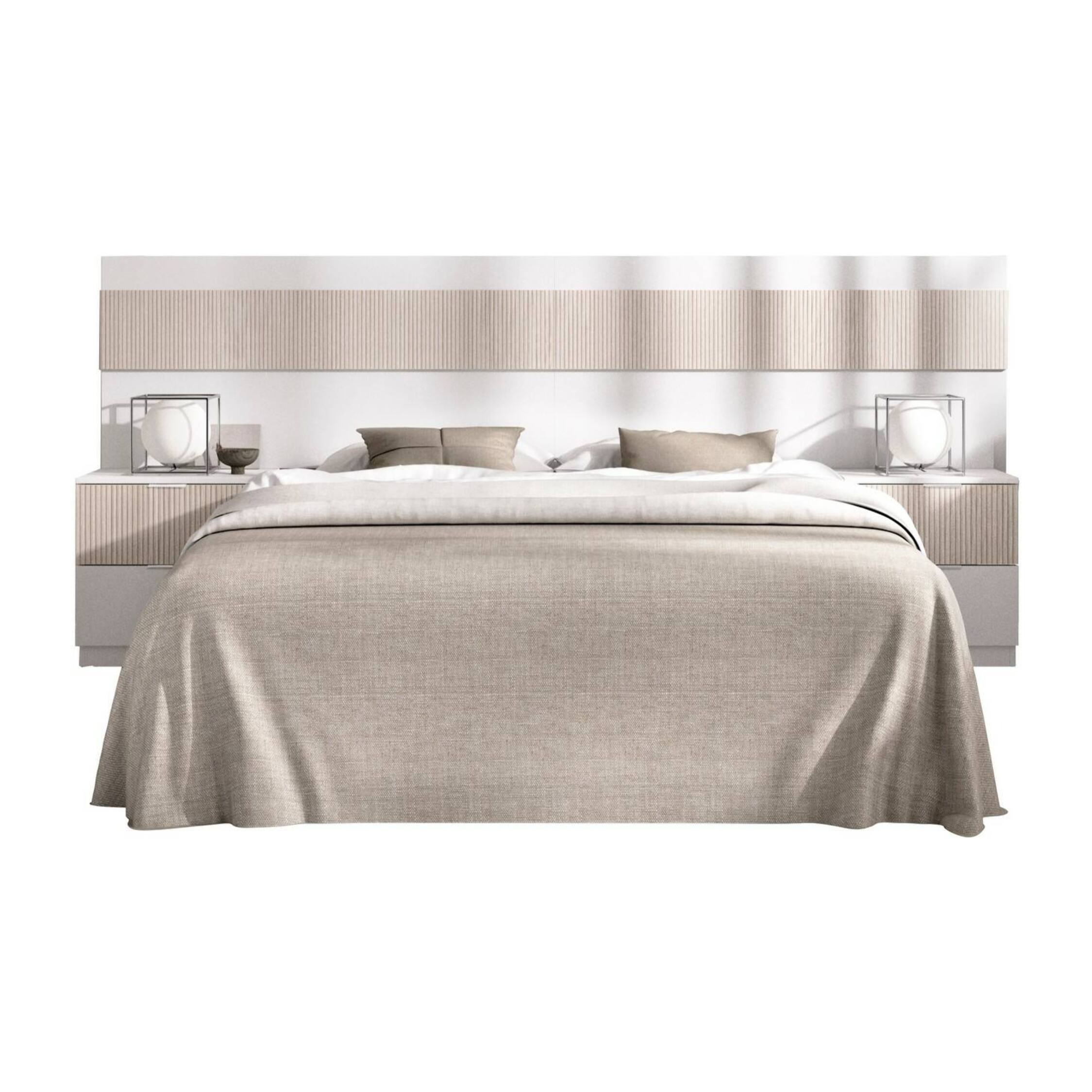 Testiera letto Trudy, Spalliera, Testata per camera da letto, Poggiatesta, 248x34 h96 cm, Bianco e Rovere
