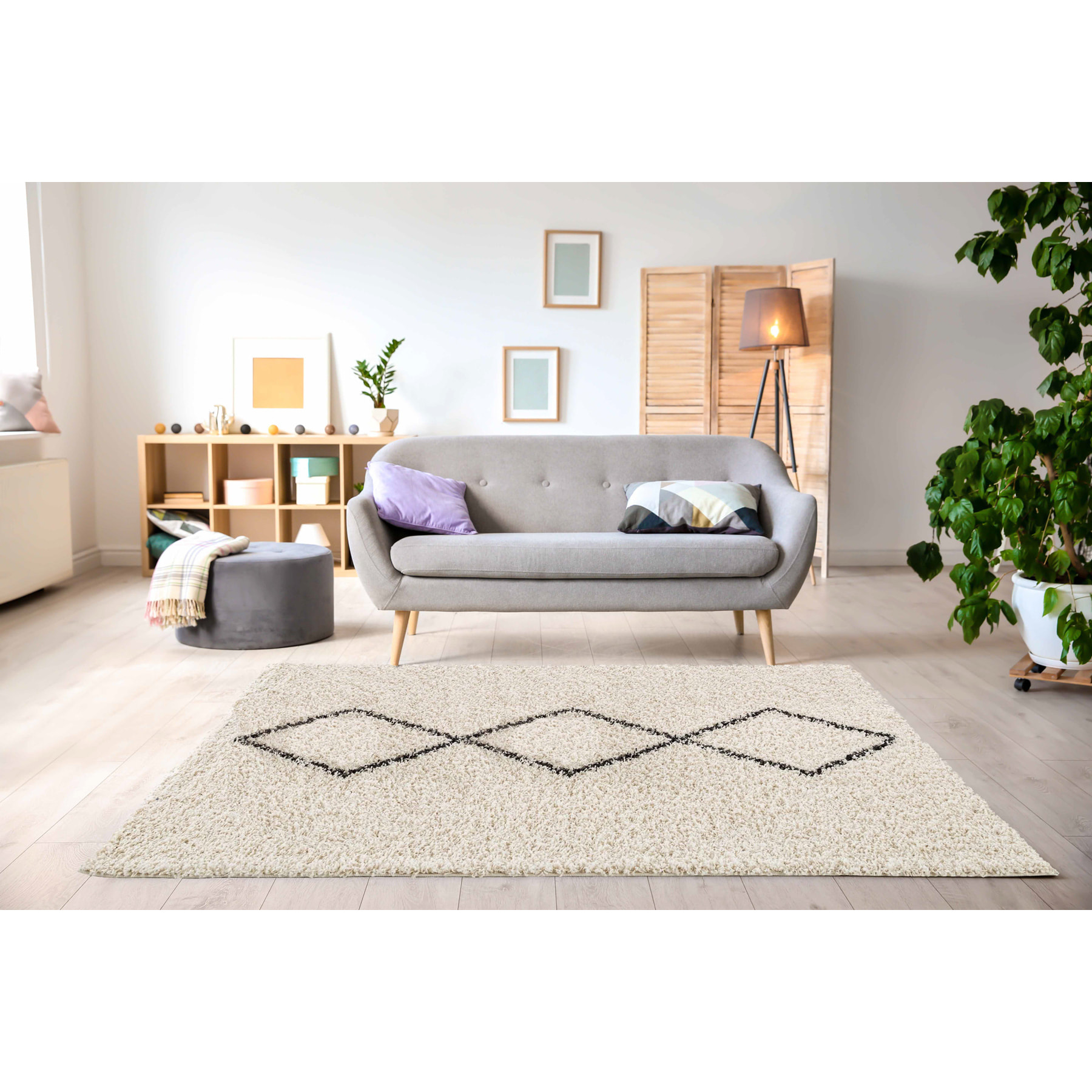 ASMA - Tapis shaggy à poils longs, motif berbère crème