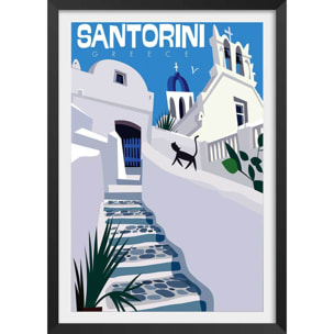 Poster de santorini blanc bleu Affiche + cadre en bois - Noir