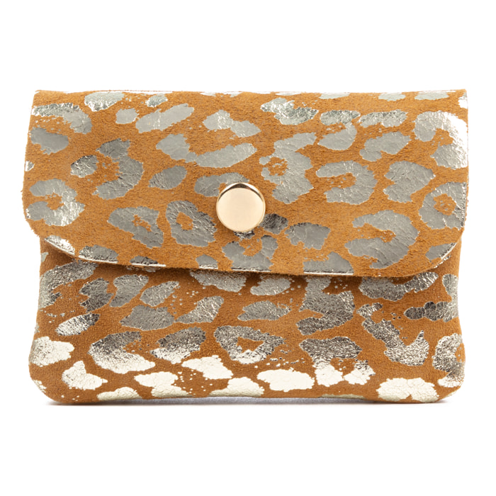 Alpignano portafoglio donna. Pelle scamosciata autentica, design in stampa animale leopardato, laccato lucido.