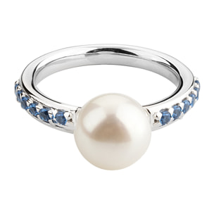 PERLAVIVA - Anello Solitario in Argento 925 placcato Oro Bianco 18Kt con Cubic Zirconia Blu e Perla Bianca d'Acqua Dolce Ø 9 mm
