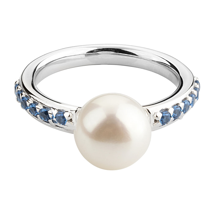 PERLAVIVA - Anello Solitario in Argento 925 placcato Oro Bianco 18Kt con Cubic Zirconia Blu e Perla Bianca d'Acqua Dolce Ø 9 mm