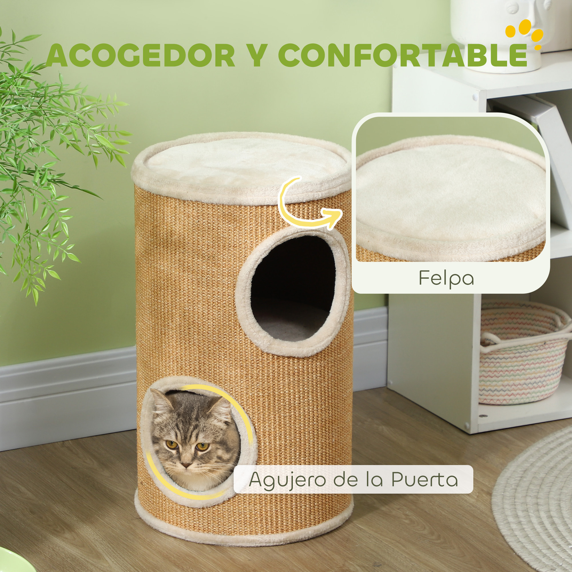Barril Rascador para Gatos 60 cm de Altura, Tonel de Escalada con 2 Cuevas y Cubierta de Sisal, Torre Rascador para Gatos, Ø35x60 cm, Marrón y Beige