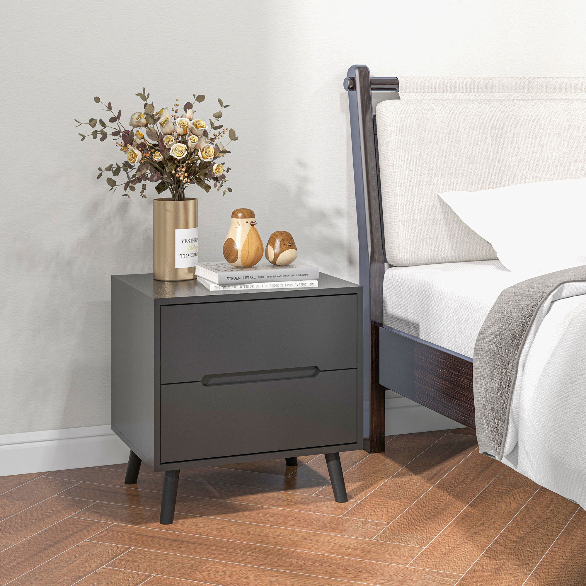 Chevet 2 tiroirs table de nuit style nordique dim. 50 x 40 x 50,5 cm noir