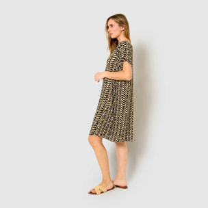 Vestido corto bambula detalles plisados oveta beige/negro