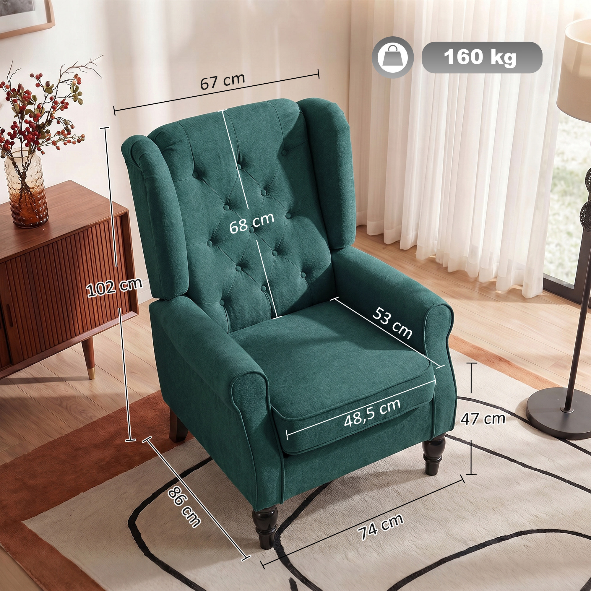 HOMCOM Sillón Orejero Moderno, Butaca de Salón con Reposabrazos y Patas de Madera, Sofá Individual Carga 160 kg para Oficina, Sala de Estar y Dormitorio, Verde Oscuro