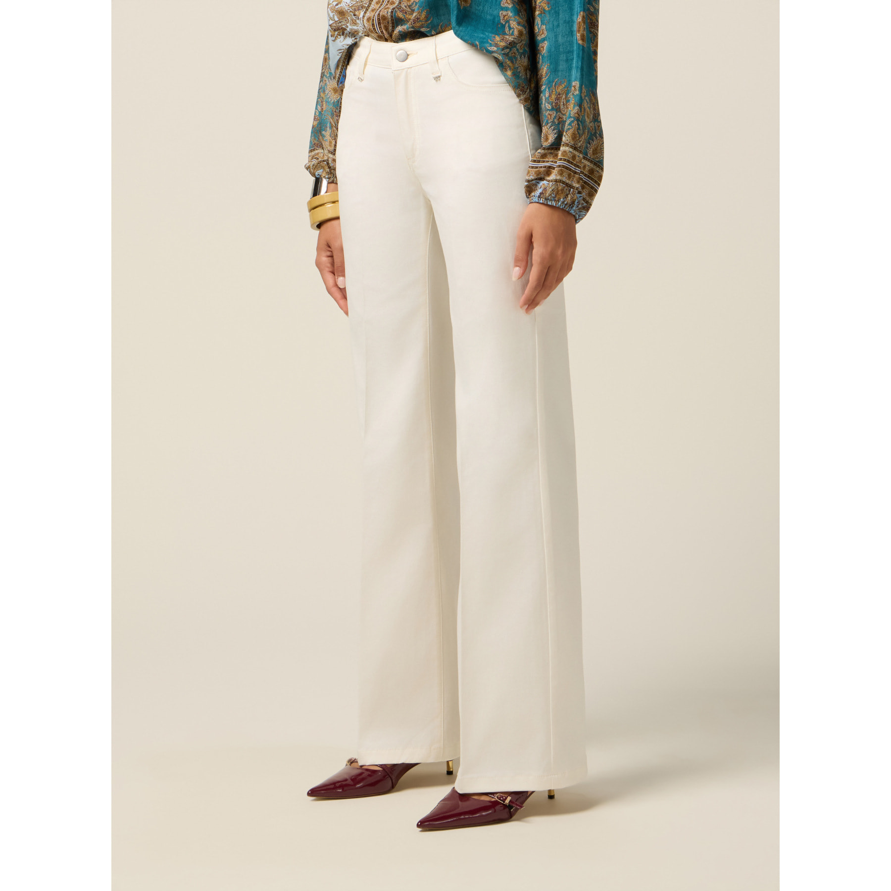 Oltre - Pantalones de pierna ancha mezcla de algodón - Blanco