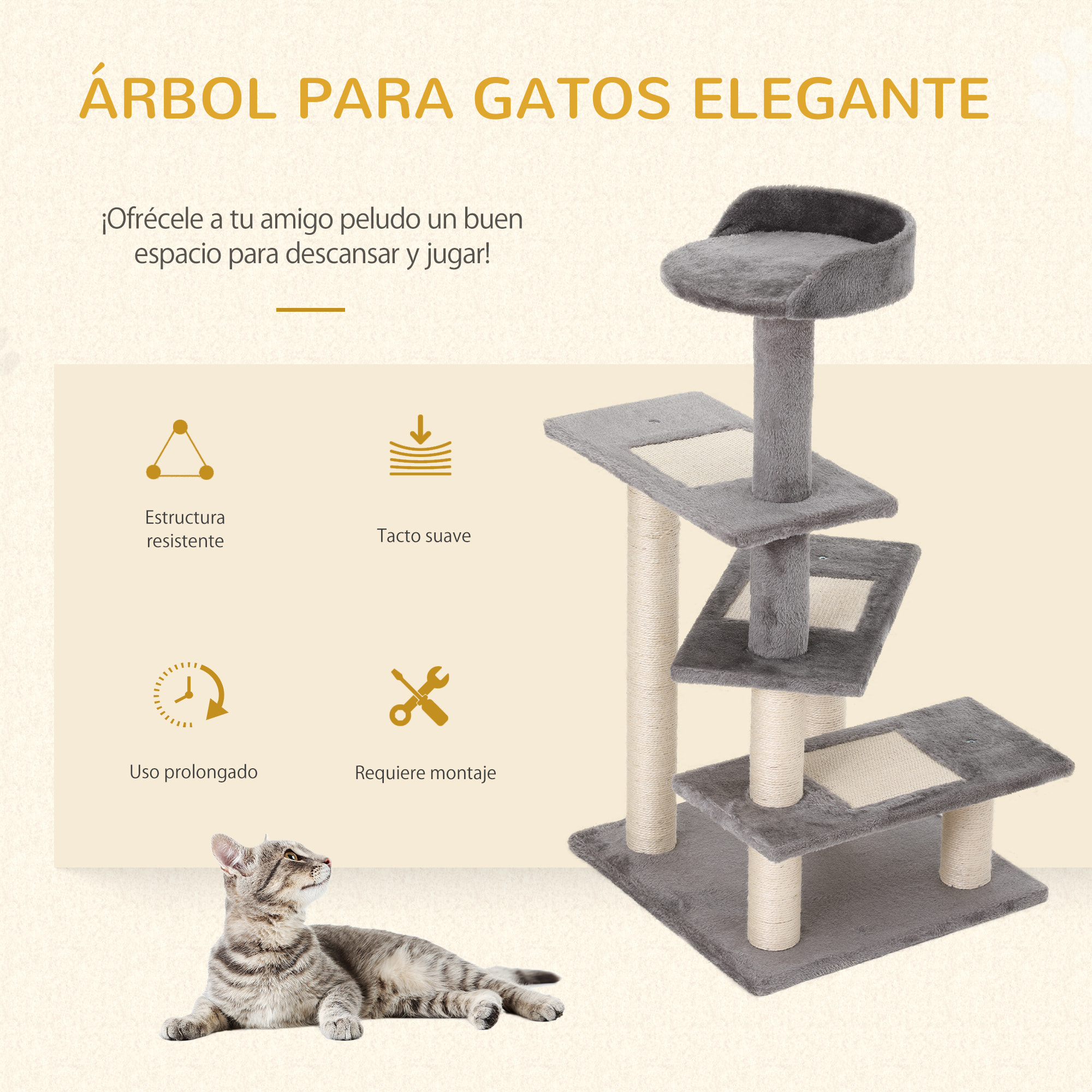 árbol Gatos de Terciopelo y Sisal 48x48x99,5cm Beige y Gris