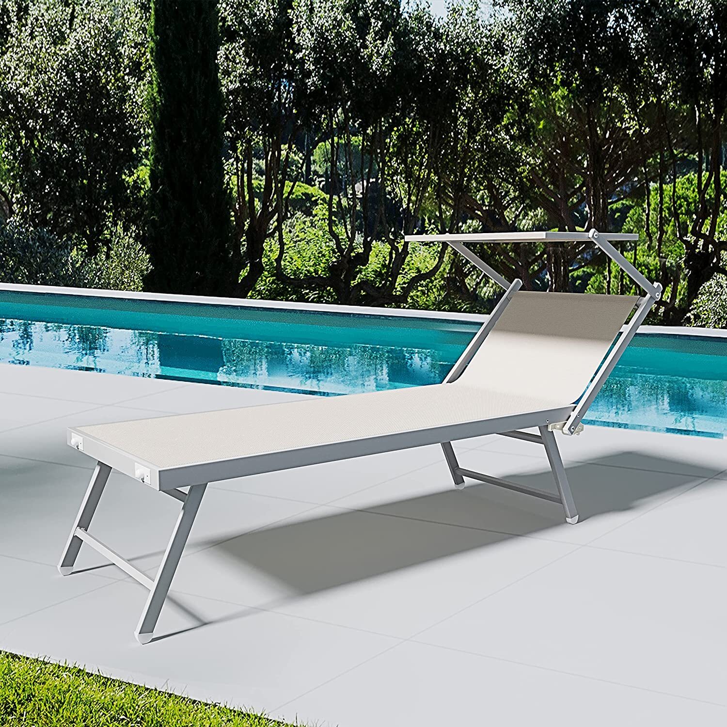 Coppia Di Lettini Prendisole Pieghevole Professionale in Alluminio e Tessuto Textilene Tettuccio Parasole Sdraio Mare Spiaggia 182x60x38 cm Beige