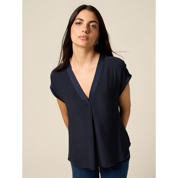 Oltre - Blusa scollo a V in viscosa - Blu