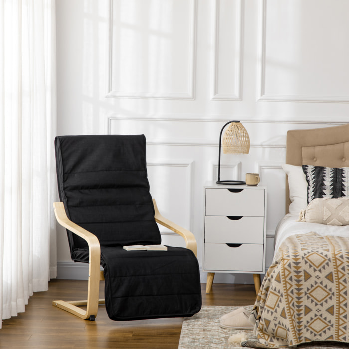 Fauteuil style nordique - repose-pied réglable - déhoussable - bois de bouleau tissu noir