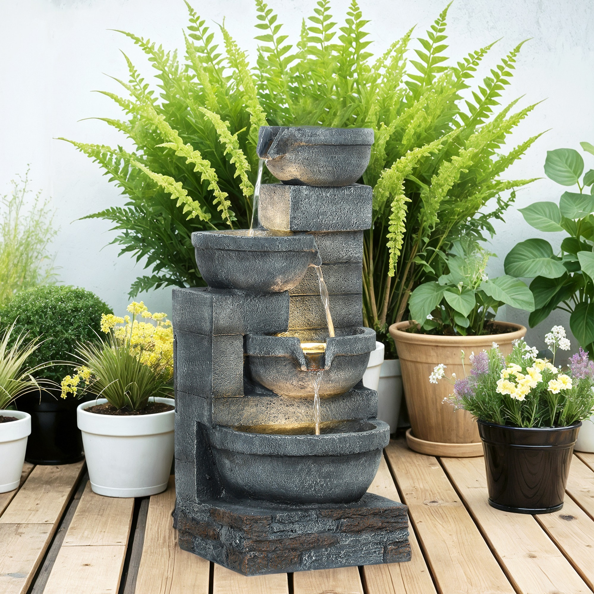 Fuente de Agua Fuente de Jardín con Iluminación LED Fuente Decorativa en Cascada de 4 Niveles para Jardín Patio Terraza 38x35x78,5 cm Gris