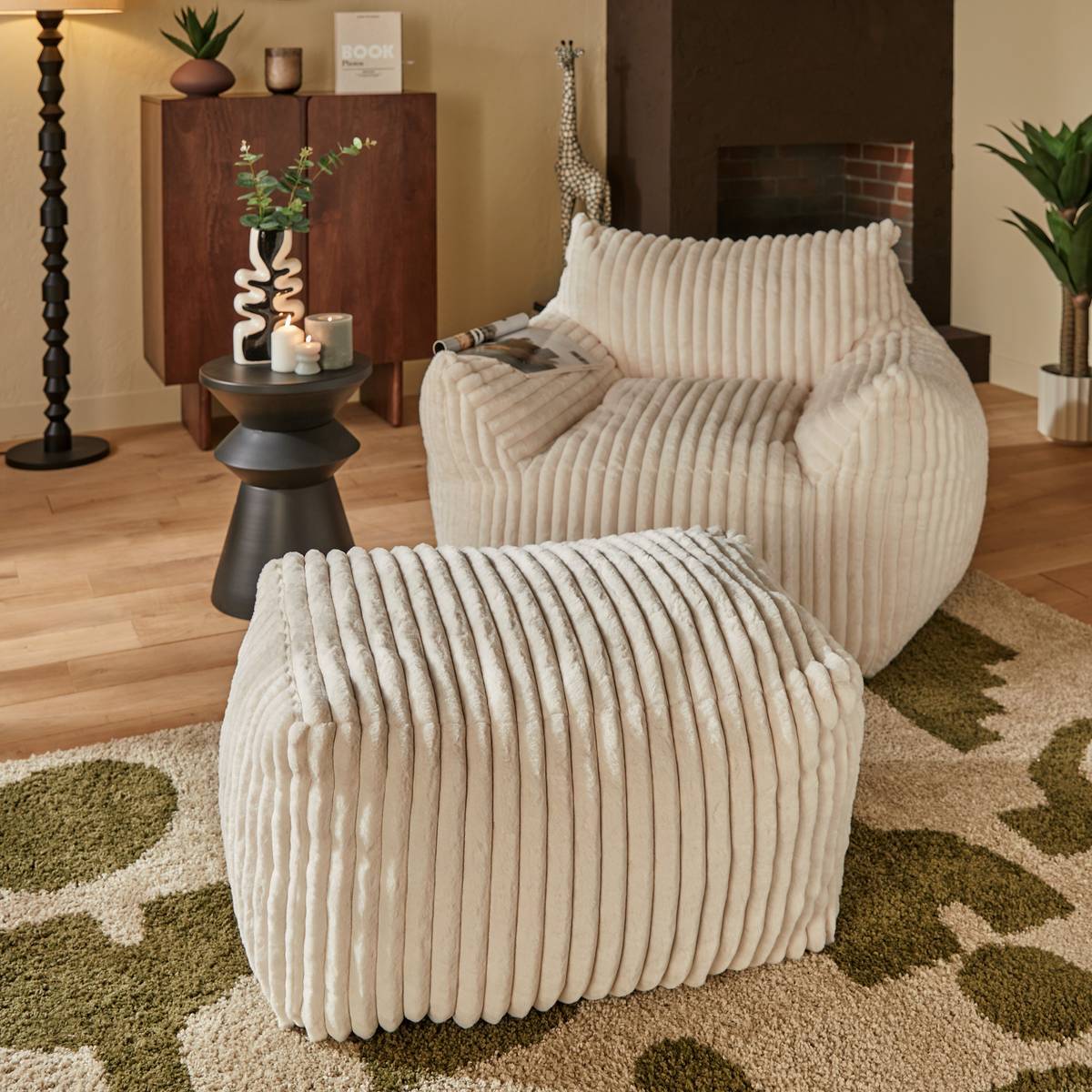 Pouf Muzi rectangulaire côtelé 61x78cm crème