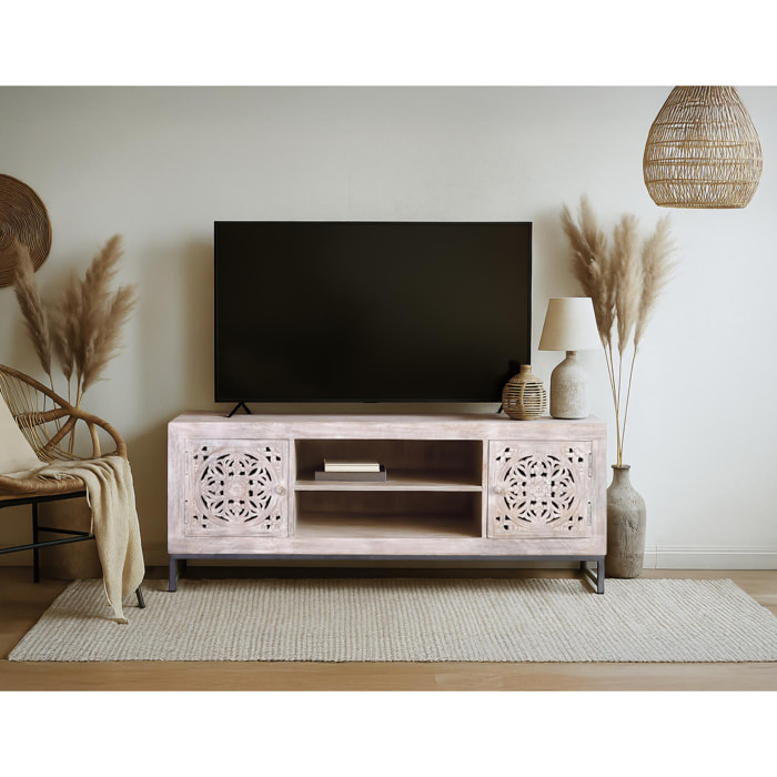 Mueble TV de Madera de Mango 130 Cm Estilo Étnico Boho Tallado