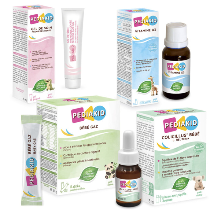 PEDIAKID - Box Bébé - Vitamine D3, Colicillus Bébé L. Reuteri+, Gel de Soin Premières Dents, Bébé Gaz - Soutient la croissance & développement - Aide à apaiser les troubles digestifs