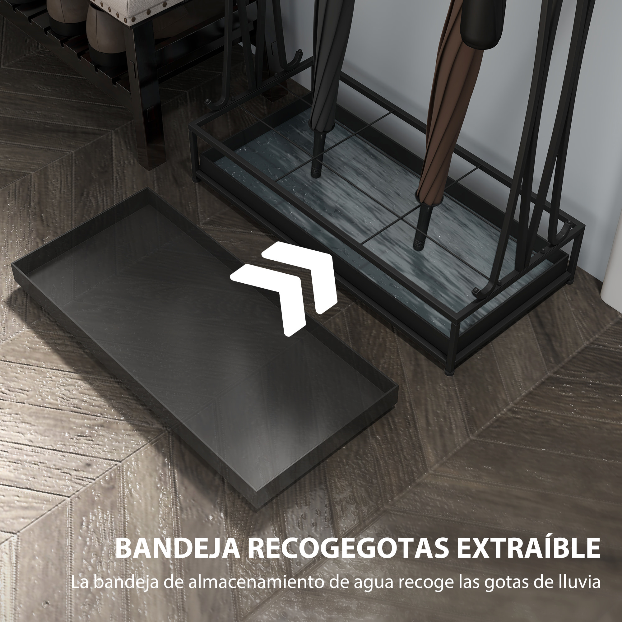 Paragüero Moderno Rectangular Soporte de Paraguas de Acero con 24 Ganchos 21 Espacios y Bandeja Recogegotas Extraíble Paragüero para Entrada Oficina 50x24x68 cm Negro