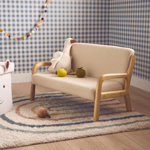 Banquette scandinave enfant en bois et tissu bouclette beige 2 places