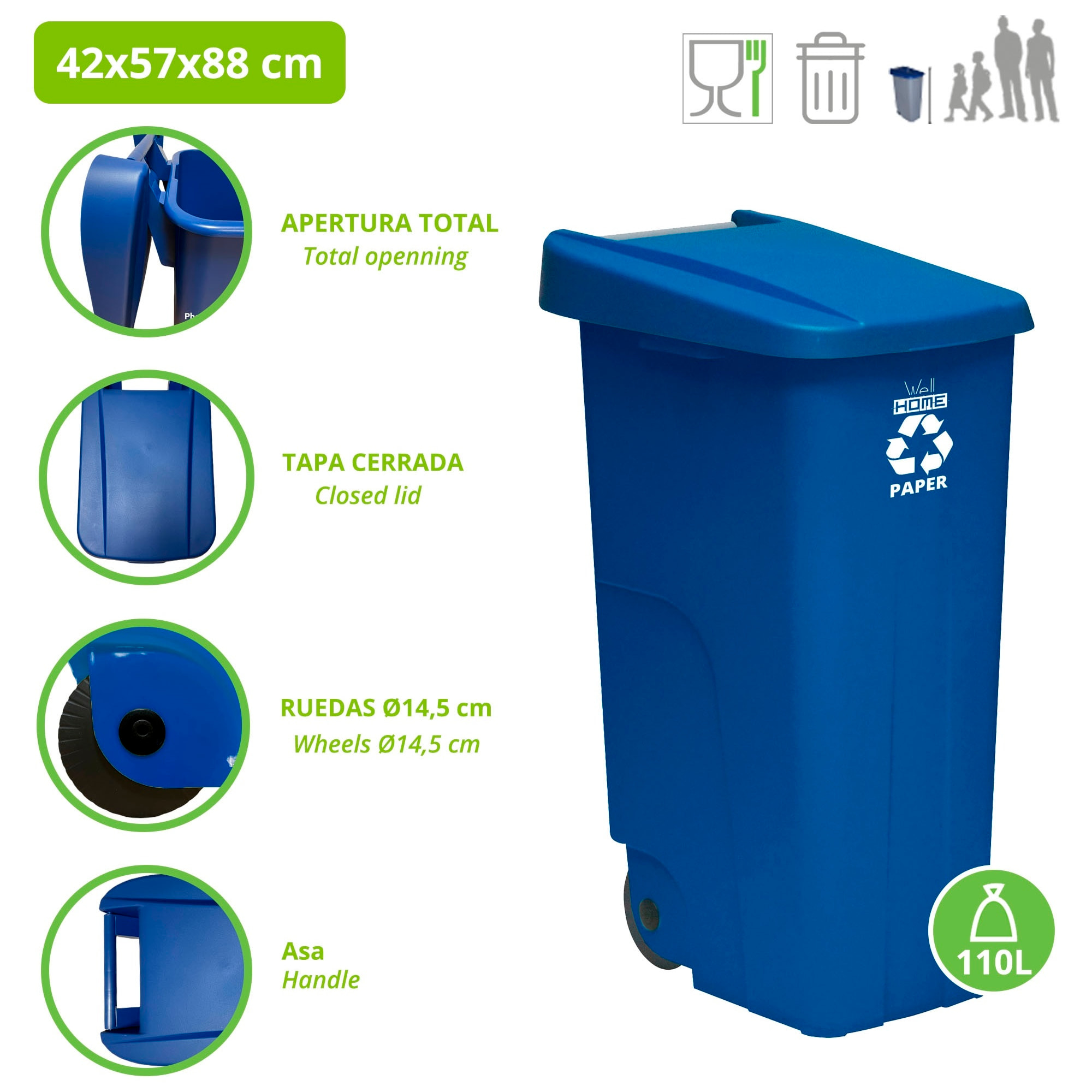 Pack reciclaje 3 contenedores - cubo de basura wellhome reciclo 110l cerrado c/u: azul (papel y cartón) - verde (vidrio) - amarillo (plásticos)