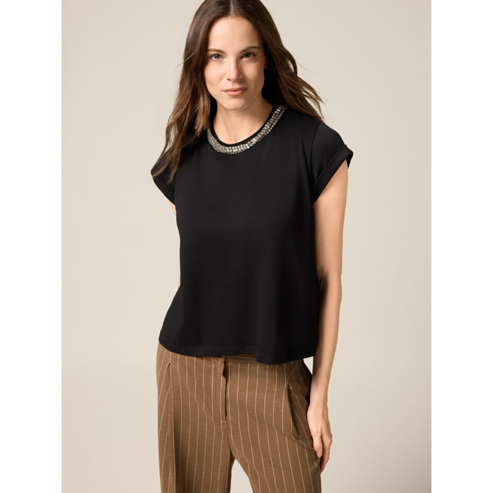 Oltre - T-shirt con applicazione gioiello - Nero