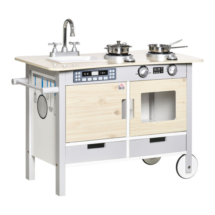 Cuisine desserte pour enfant 2 en 1 multi-équipement avec 5 accessoires acier inox. MDF aspect bois clair gris