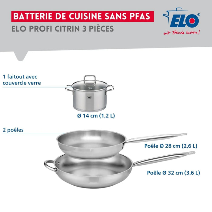 Ensemble de 2 Poêles de cuisson 28 et 32 cm et 1 faitout 14 cm Elo Profi Citrin