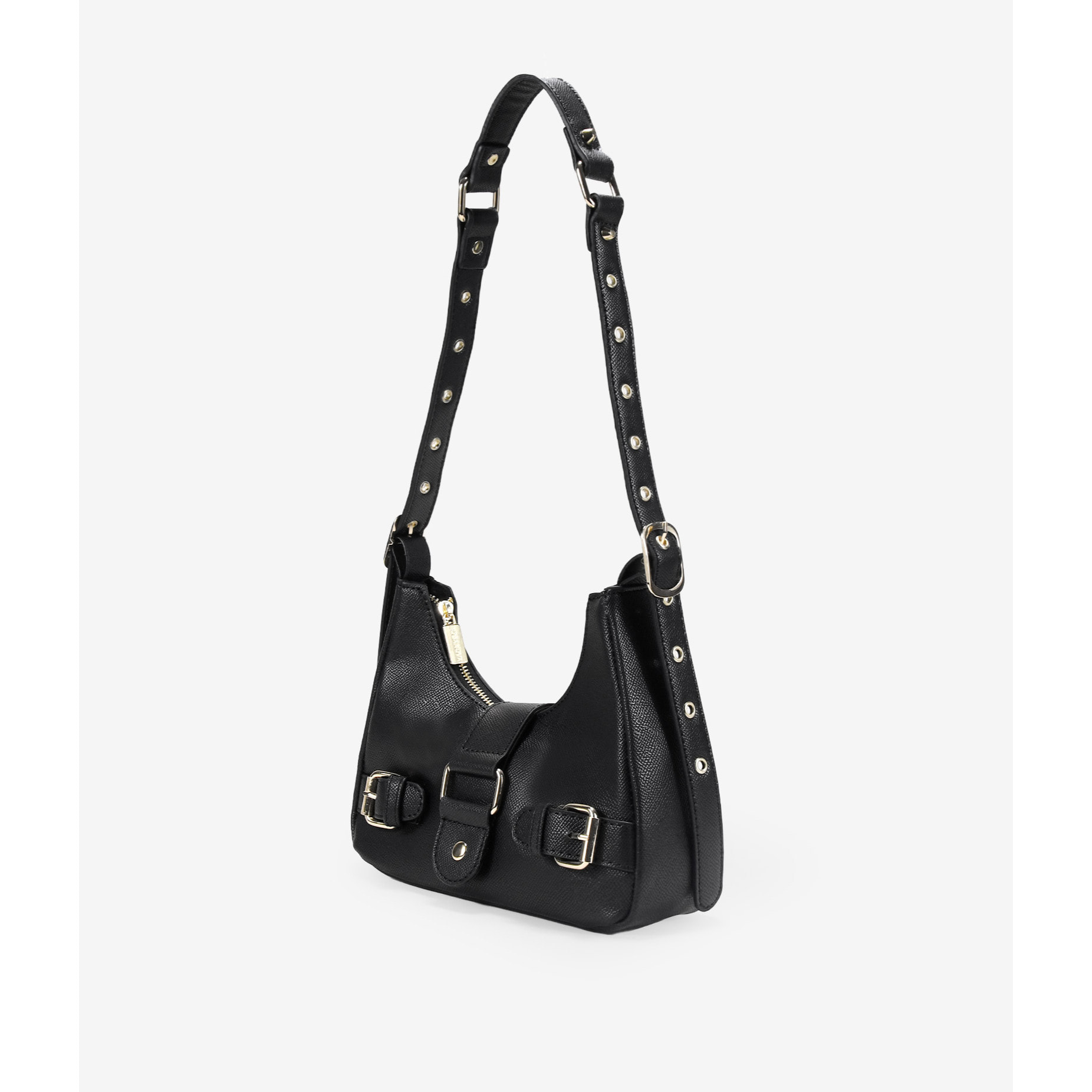 Bolso de hombro negro con solapa y hebillas