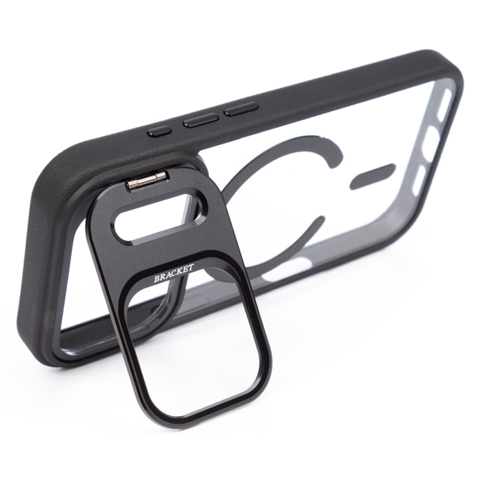 Carcasa transparente con cubierta de cámara abatible que funciona como soporte, bordes negros. MagSafe para iPhone 17 Pro Max.