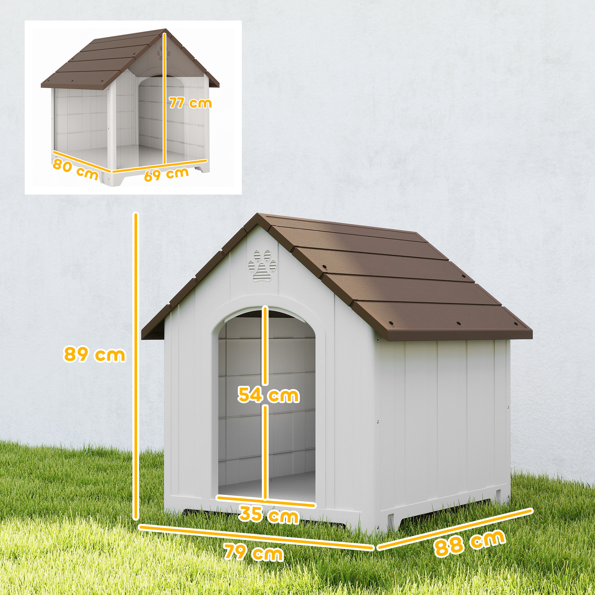Caseta para Perros Exterior, Casa para Perros Grandes de Plástico Impermeable con 2 Ventanas, Base Elevada, Estacas, Fácil de Montar, 88x79x89 cm, Marrón Oscuro