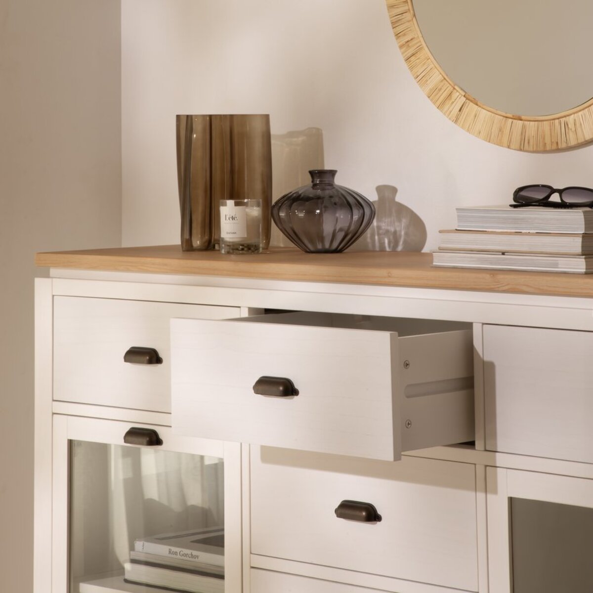 Buffet Avelin -bois massif de mindi et placage naturel de mindi-couleur blanc bergen/naturel 160 x 105 x 42 cm