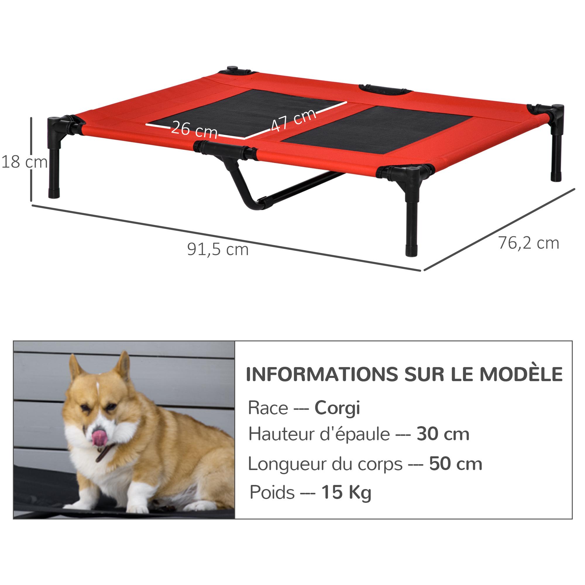 Lit pour chien chat lit de camp grand confort sur pieds tissu oxford textilène micro-perforé 92L x 76l x 18H cm rouge noir