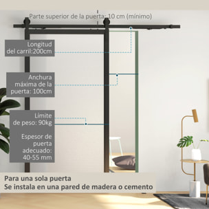 6,6FT/200cm Herrajes para Puerta Corredera con Amortiguador sin Perforación Kit de Accesorios para Puerta Corrediza con 2 Rieles para Granero Negro