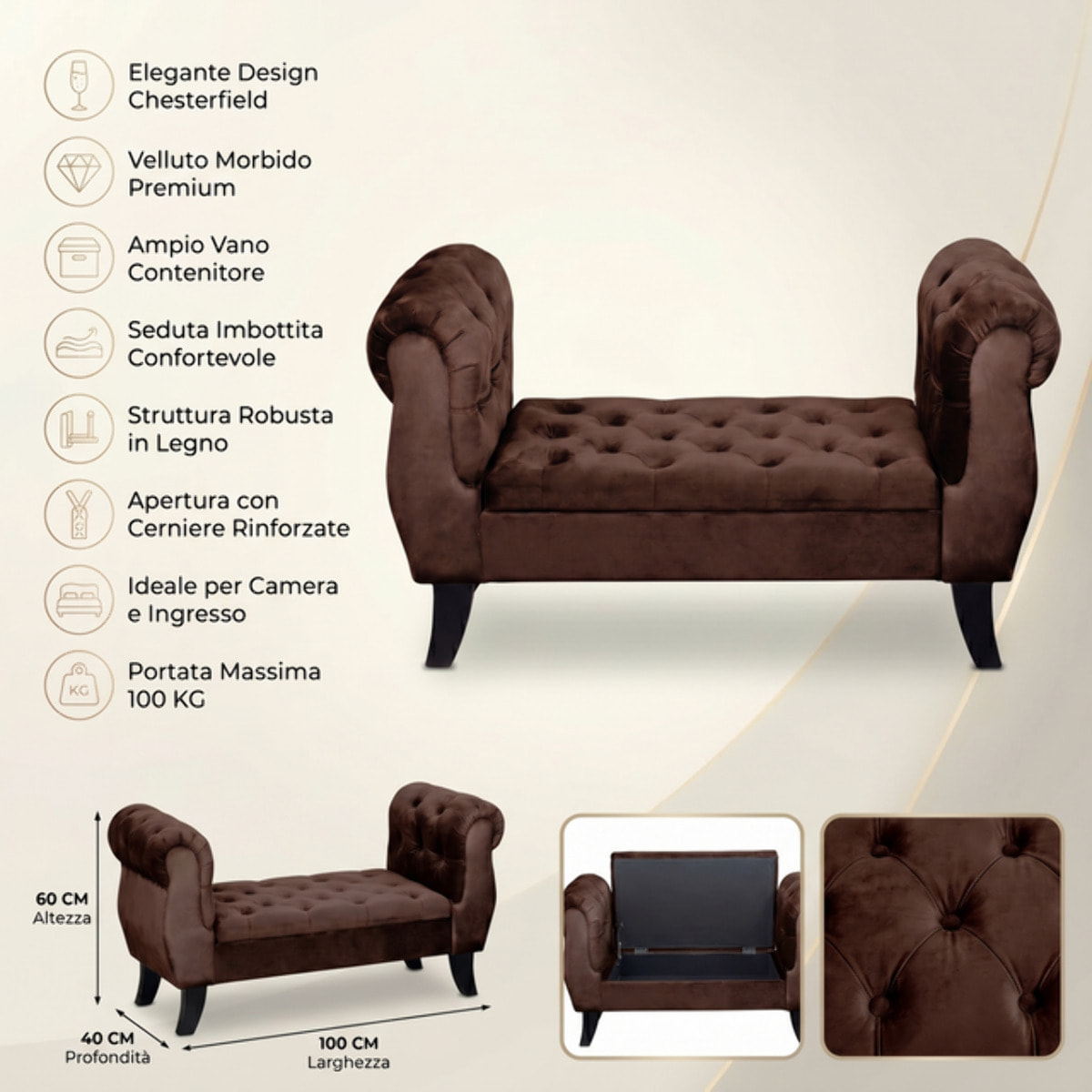 Divanetto Contenitore Imbottito in Effetto Velluto con Vano Contenitore Integrato, Seduta Elegante dallo Stile Classico per Camera da Letto, Ingresso e Soggiorno