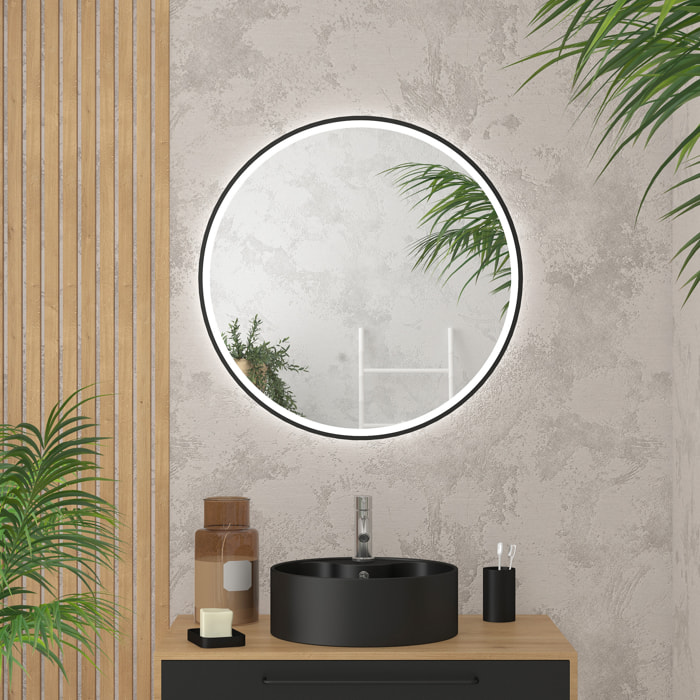 Miroir salle de bain ROND avec éclairage LED et contour noir - Diam 70cm