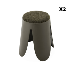 Set de 2 tabourets empilables vert foncé . bouclette texturée. NIKI. Ø30 / 44 x H46cm