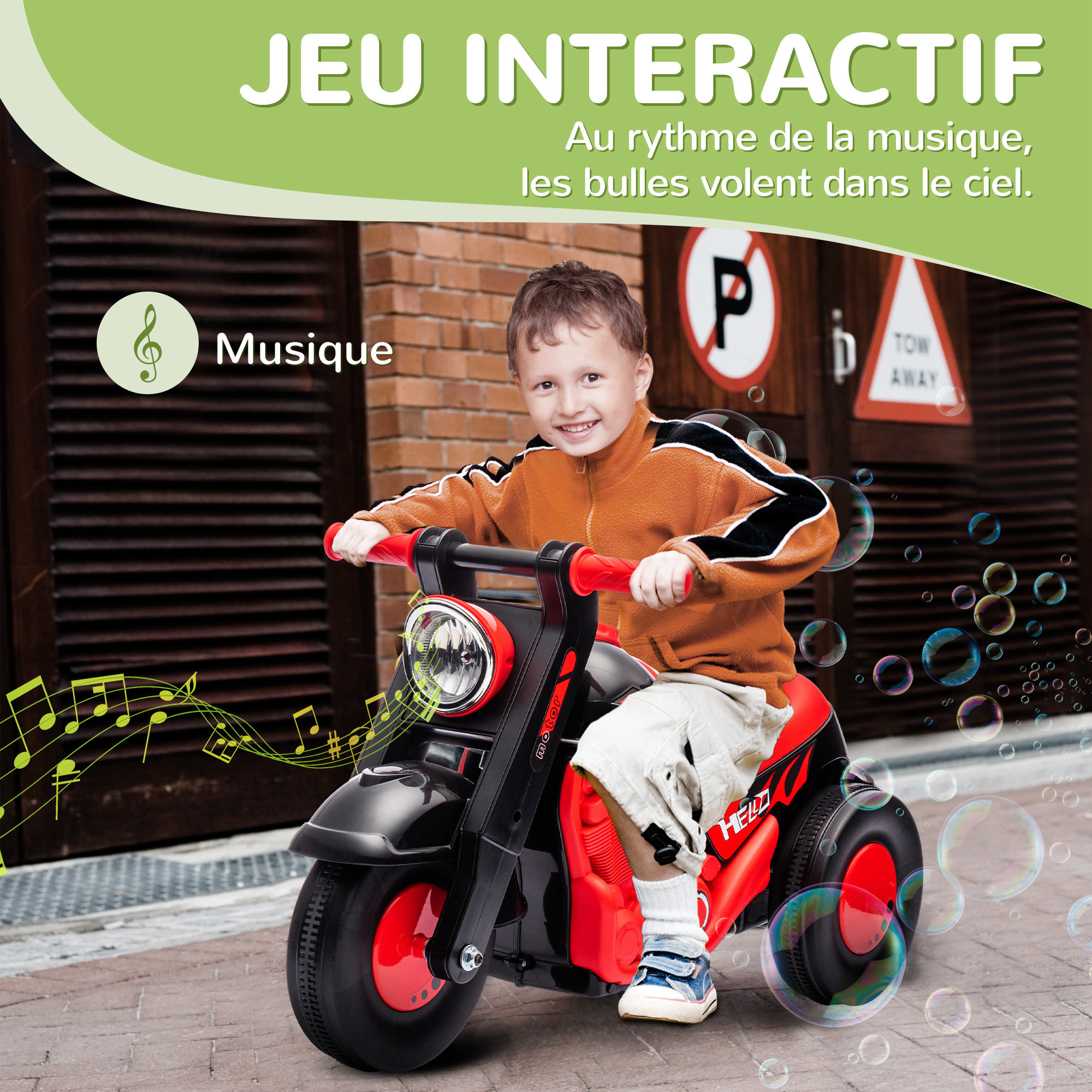 Porteur enfant moto 3 roues effet bulles et musique rouge noir