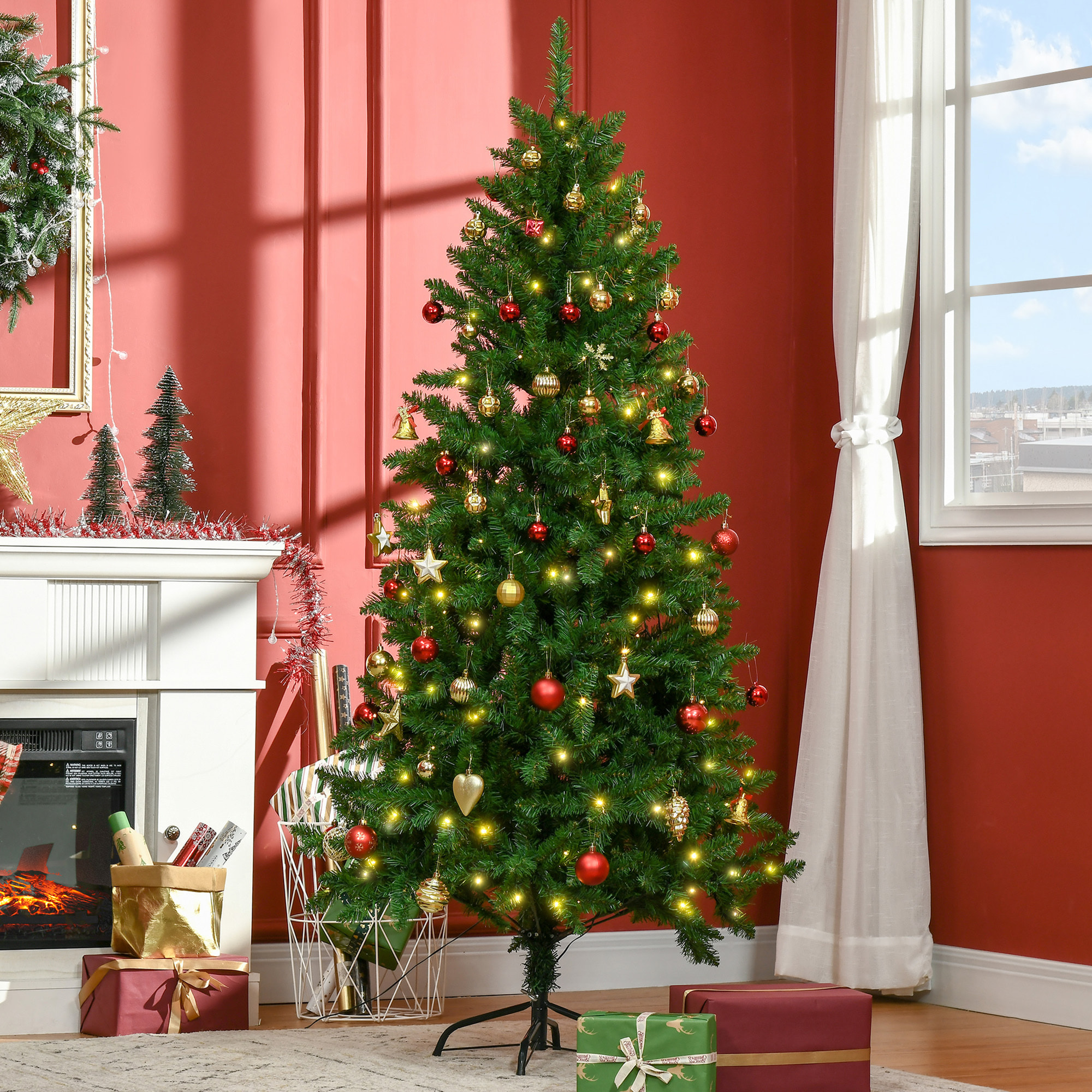 HOMCOM Árbol de Navidad Artificial Altura 180 cm Ignífugo con 714 Ramas 200Luces LED IPX2 8 Modos Hojas de PVC Base Plegable y Soporte Metálico Decoración Navideña para Interiores Verde