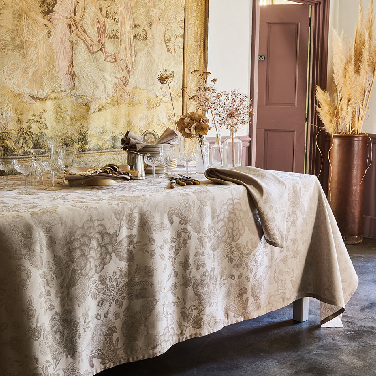 Nappe anti tache lin & coton motif jacquard Mille giverny naturel