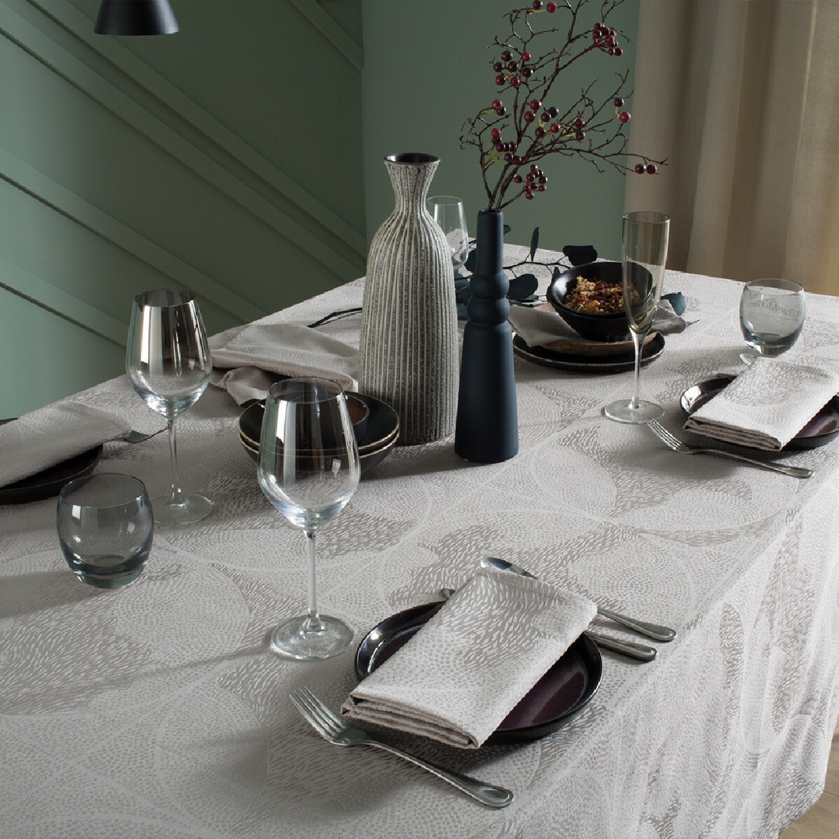 Nappe pur coton motif jacquard beige Mille gouttes nacre